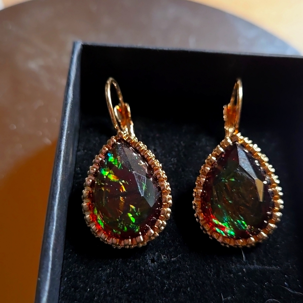 NWOT GOLDTONE LEVER BACK GEM STONE EARRINGS